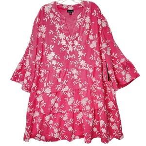 Chloe + Rene Pink Floral Tiered Babydoll Dress Bell Sleeve Boho Summer V-Neck 3X